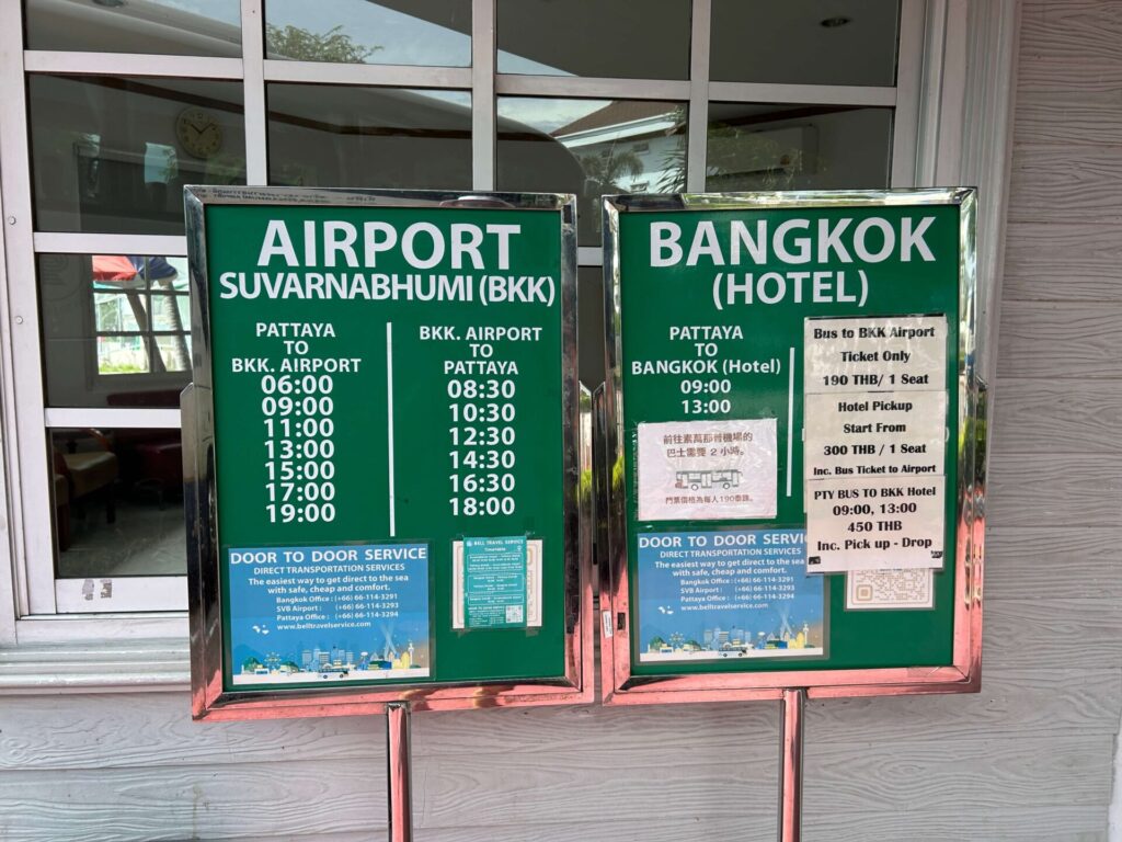 Timetable for Bell Travel Service buses to Suvarnabhumi Airport (BKK) and Bangkok hotels, displaying departure times from Pattaya