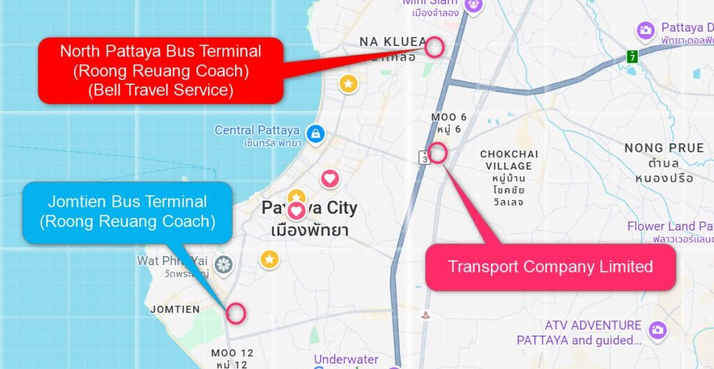 Map showing the locations of three key bus terminals in Pattaya for transfers to Bangkok airports