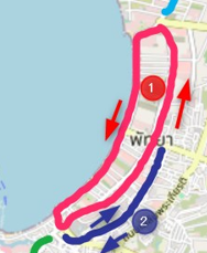 A map showing the main Pattaya songthaew route, which is the Beach Road and Second Road loop. The route is marked by a pink line, starting at the Dolphin Roundabout and traveling south on Beach Road before looping back north on Second Road.