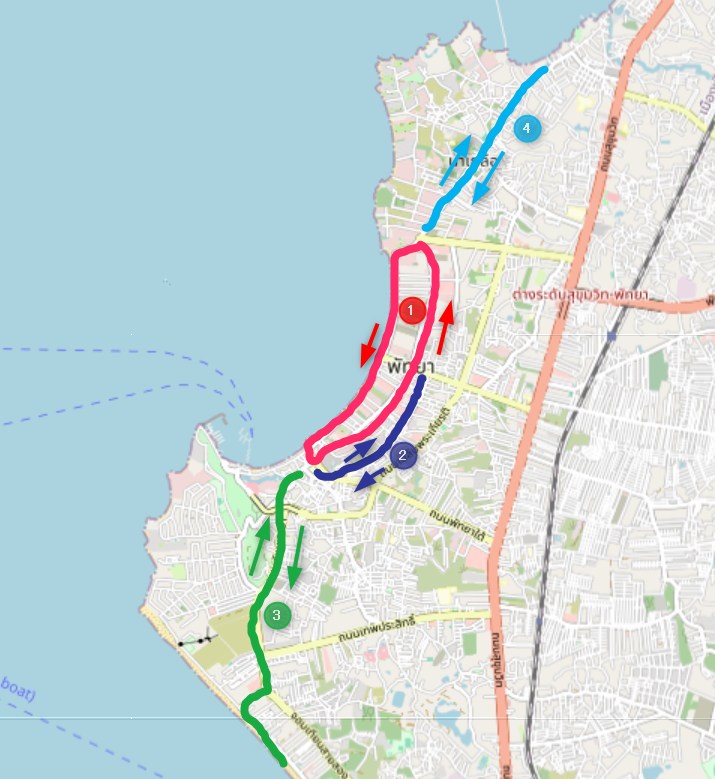 Pattaya songthaew route map showing the main loops on Beach Road (pink), Second Road (pink), Soi Buakhao (dark blue), and routes to Jomtien Beach (green) and North Pattaya (light blue).
