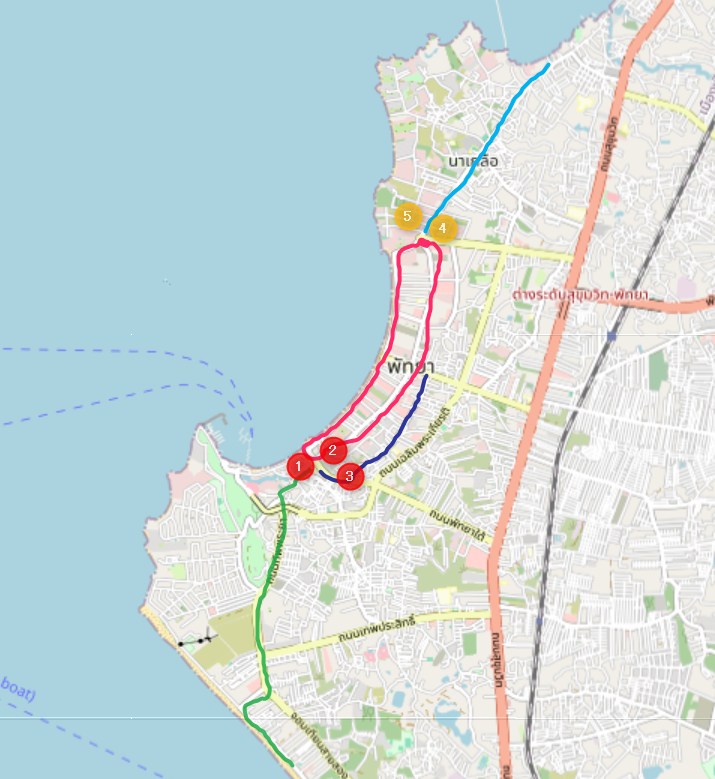 A map of Pattaya showing the three main songthaew bus station locations. 