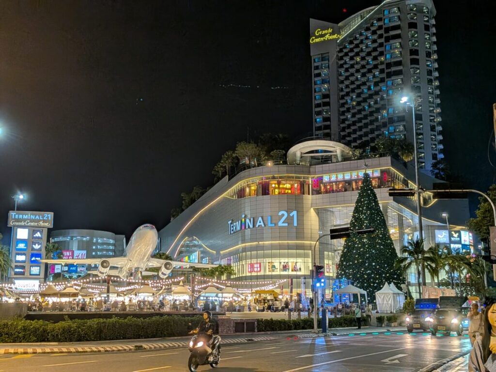 The vibrant North Pattaya skyline at night, featuring the brightly lit Terminal 21 and the Grande Centre Point Pattaya hotel