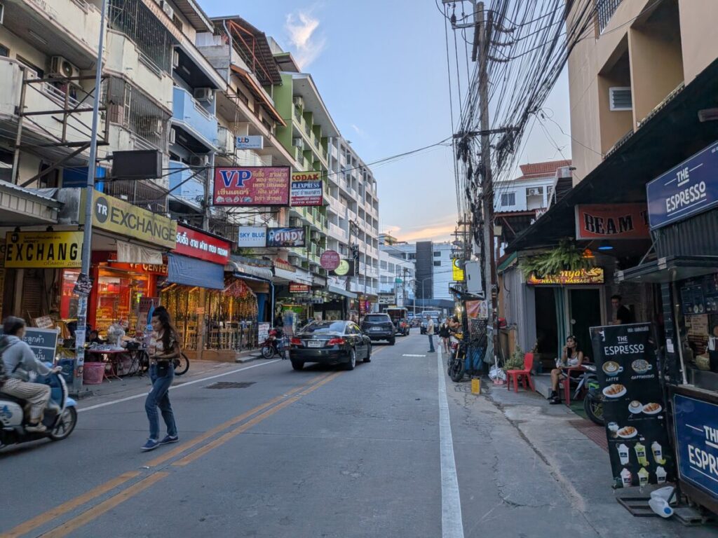 A typical view of low-rise condominium and budget hotels in the Soi Buakhao area, emphasizing the wide availability of reasonable accommodation.