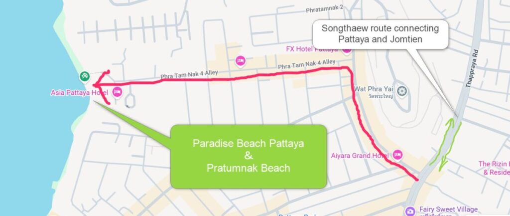 Map showing the Songthaew route along Thappraya Road and the walking path to Paradise and Pratumnak Beaches via Phra Tam Nak 4 Alley.