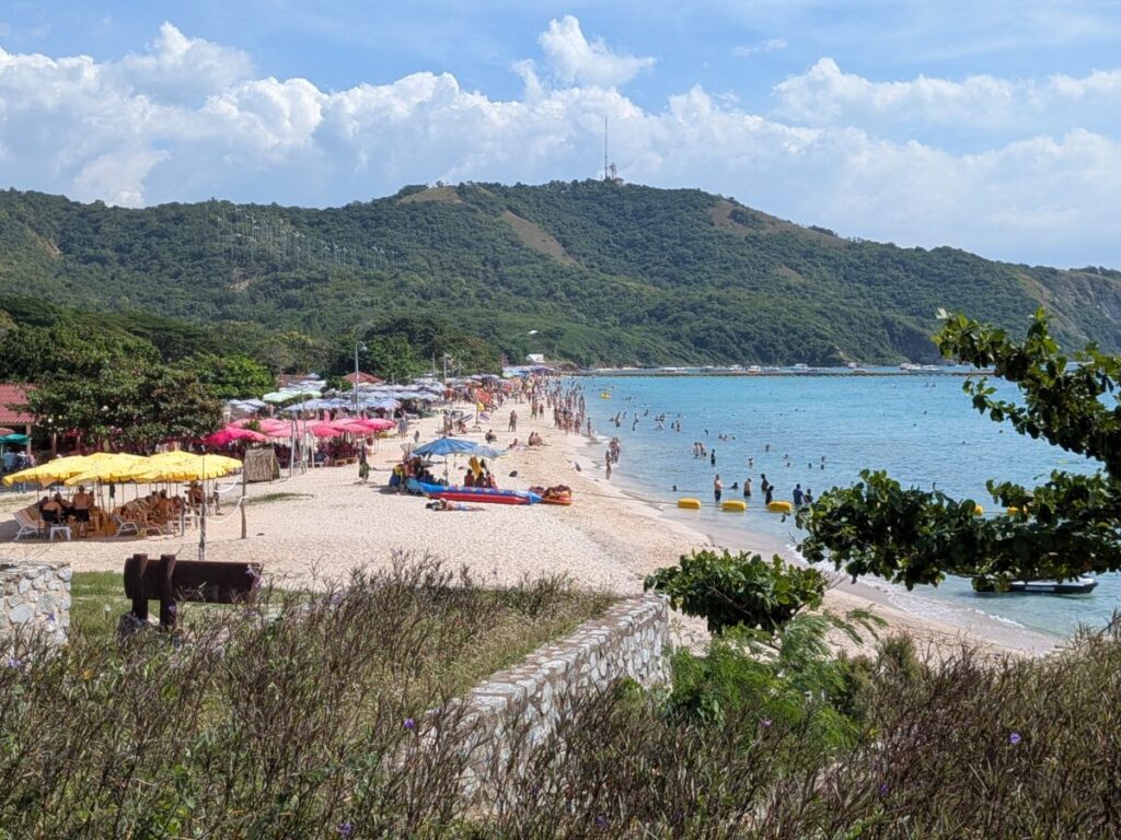 Wide view of Samae Beach on Koh Larn with beach chairs, umbrellas, and clear blue water