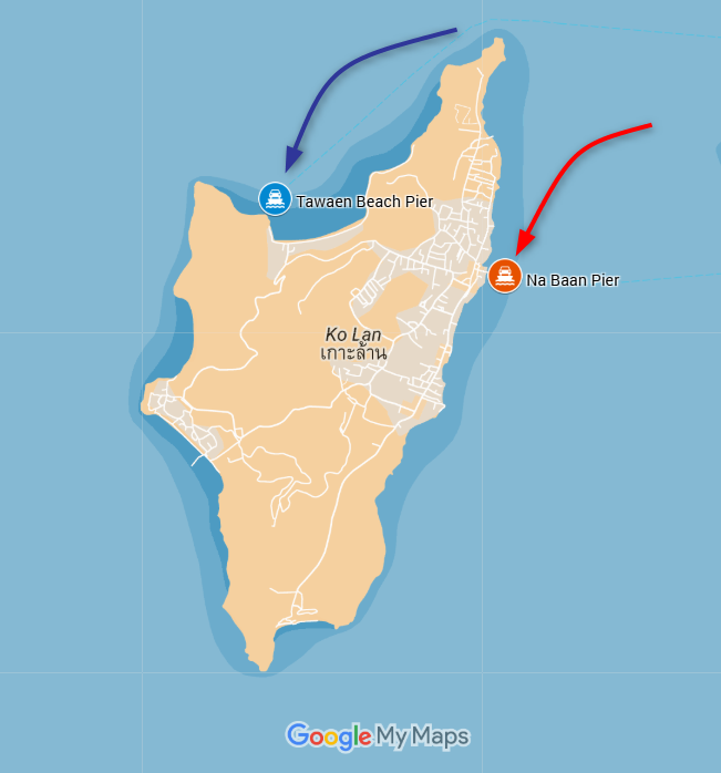 Map showing two ferry routes from Pattaya to Na Baan Pier and Tawaen Beach Pier on Koh Larn