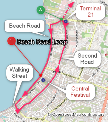 Pattaya songthaew Beach Road loop map showing Dolphin Circle split point and major landmarks