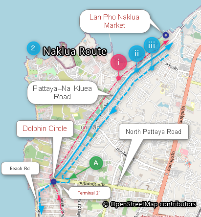 Map of Pattaya songthaew Naklua route showing outbound and return paths, Dolphin Circle, North Pattaya Road, and Lan Pho Naklua Market