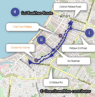 Map of the Soi Buakhao songthaew route in Pattaya, showing a two-way local route between Central Pattaya Road and South Pattaya Road