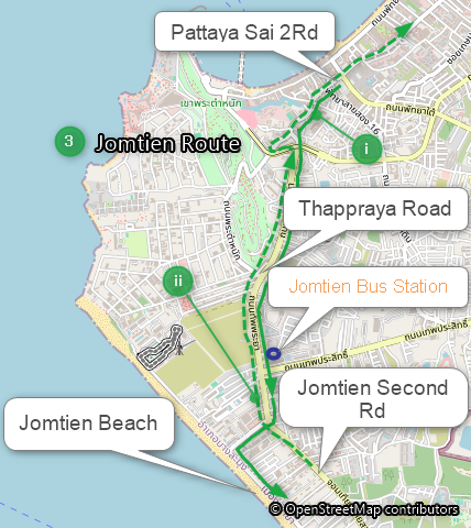 Jomtien songthaew route map showing Pattaya to Jomtien Beach and return via Jomtien Second Road