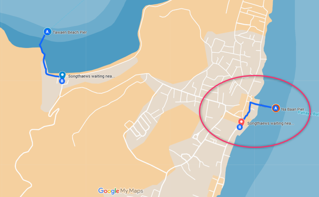 A Google My Maps screenshot showing the 5-minute walking route from Na Baan Pier to the Songthaew waiting area on Koh Larn.