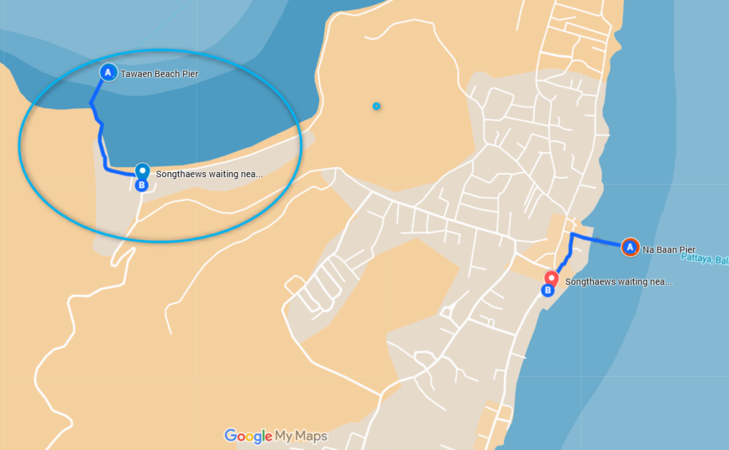 A Google My Maps screenshot showing the 5-minute walking route from Tawaen Beach Pier to the Songthaew pickup point.