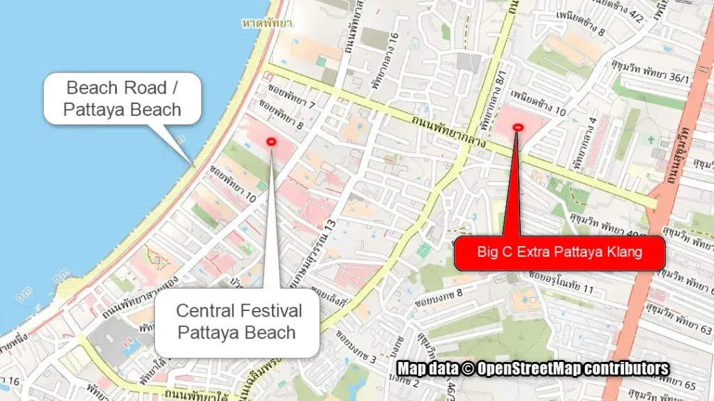 Map showing the location of Big C Extra Pattaya Klang near Central Festival and Pattaya Beach Road