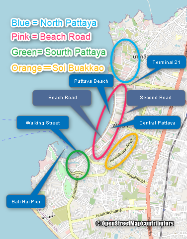 Map showing Pattaya’s four main hotel areas: North Pattaya, Beach Road, South Pattaya, and Soi Buakhao.