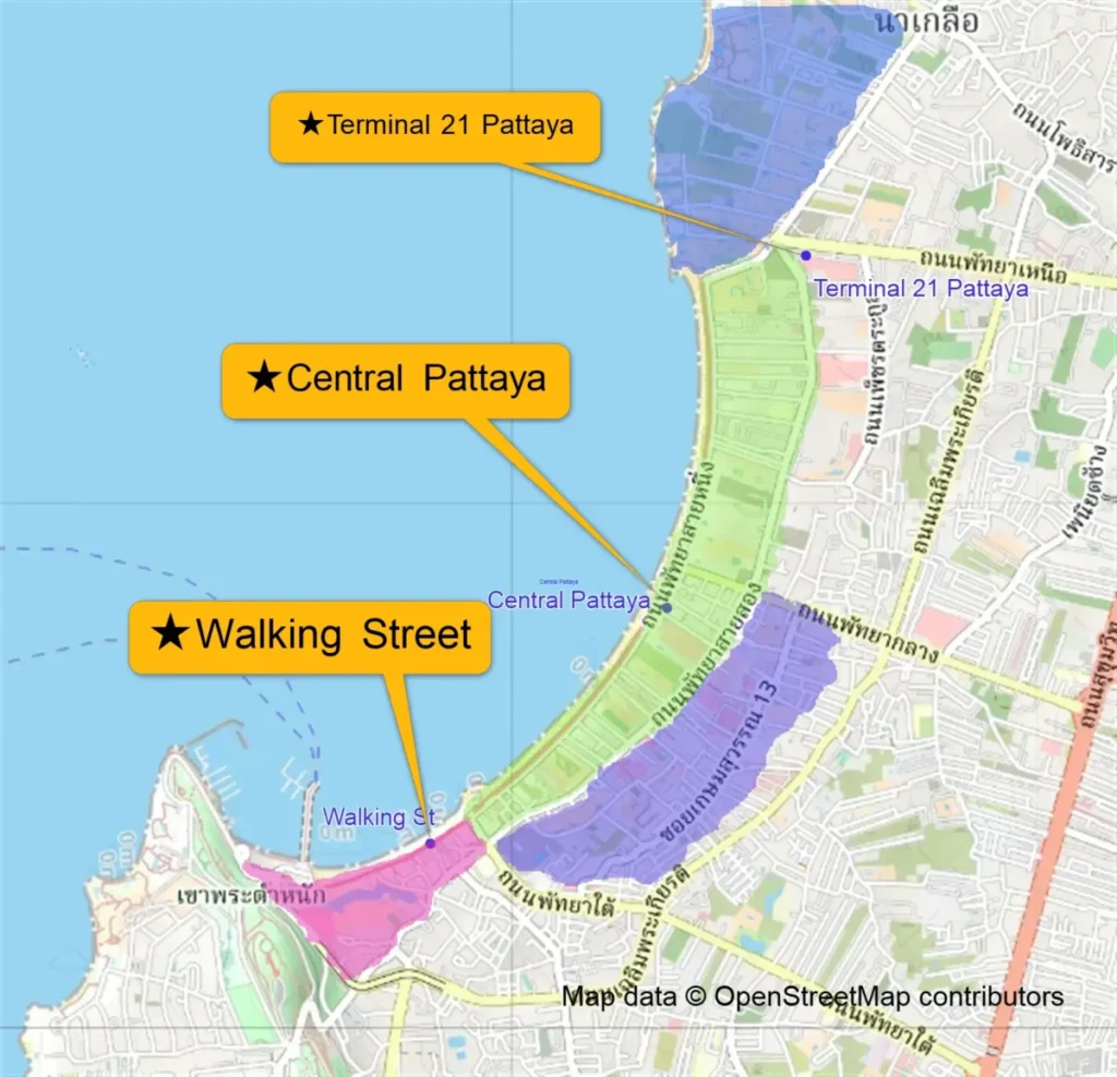 Map of Pattaya's 4 main areas color-coded for nighttime safety and atmosphere.