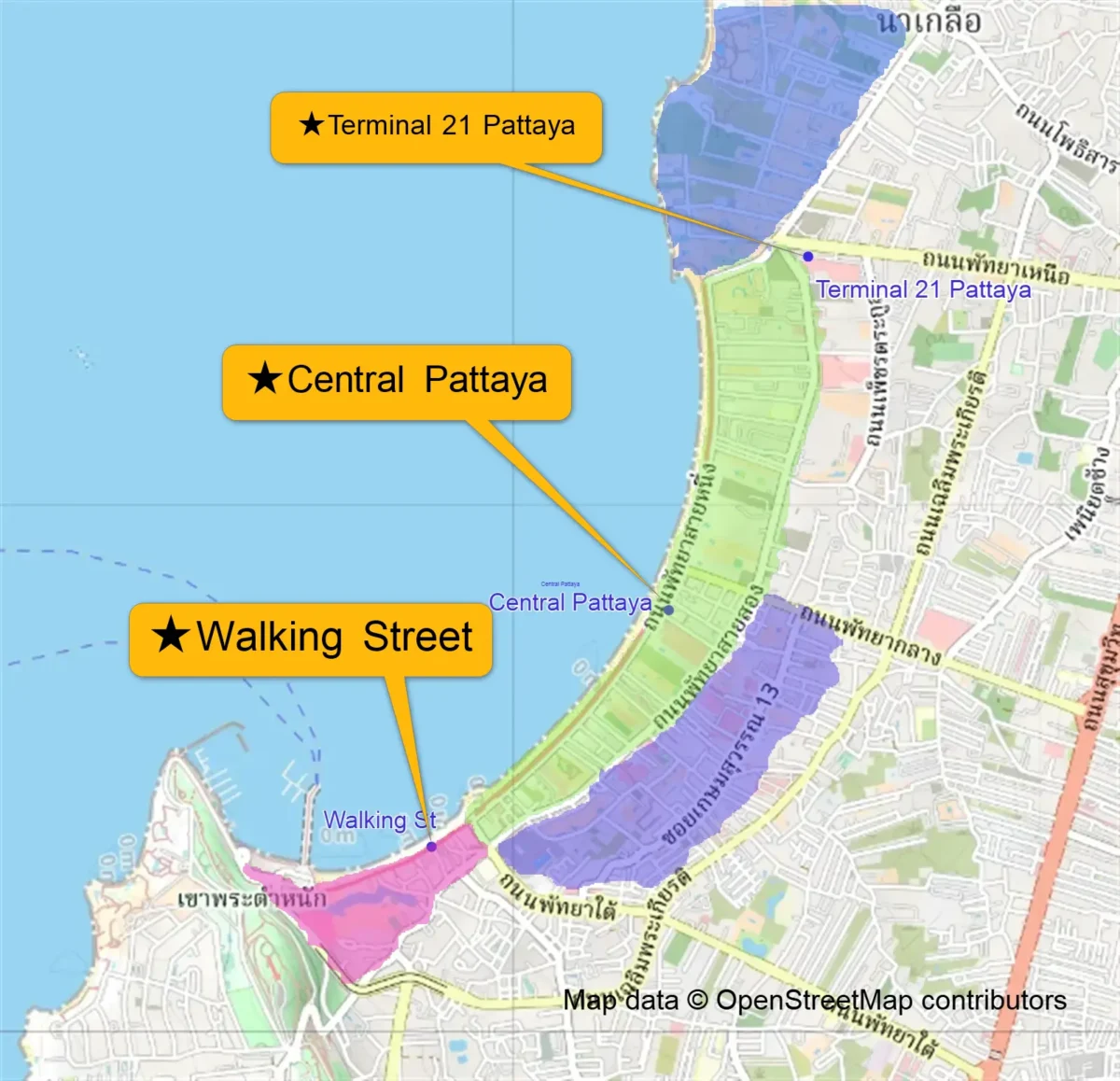 Pattaya area map showing North Pattaya, Beach Road, Soi Buakhao, and South Pattaya with key landmarks including Terminal 21, Central Pattaya, and Walking Street.