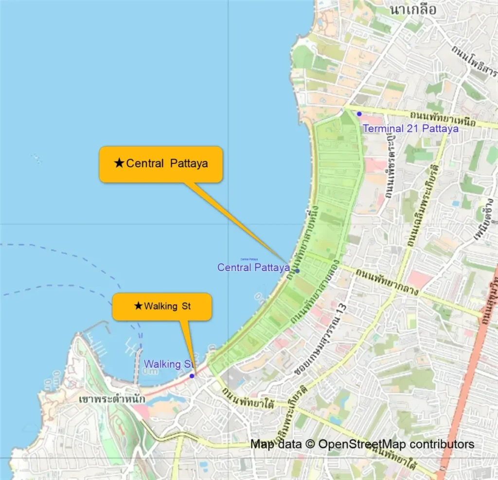 "Sectional map of Pattaya Beach Road focusing on Central Pattaya, Mike Shopping Mall, and the route to Walking Street."