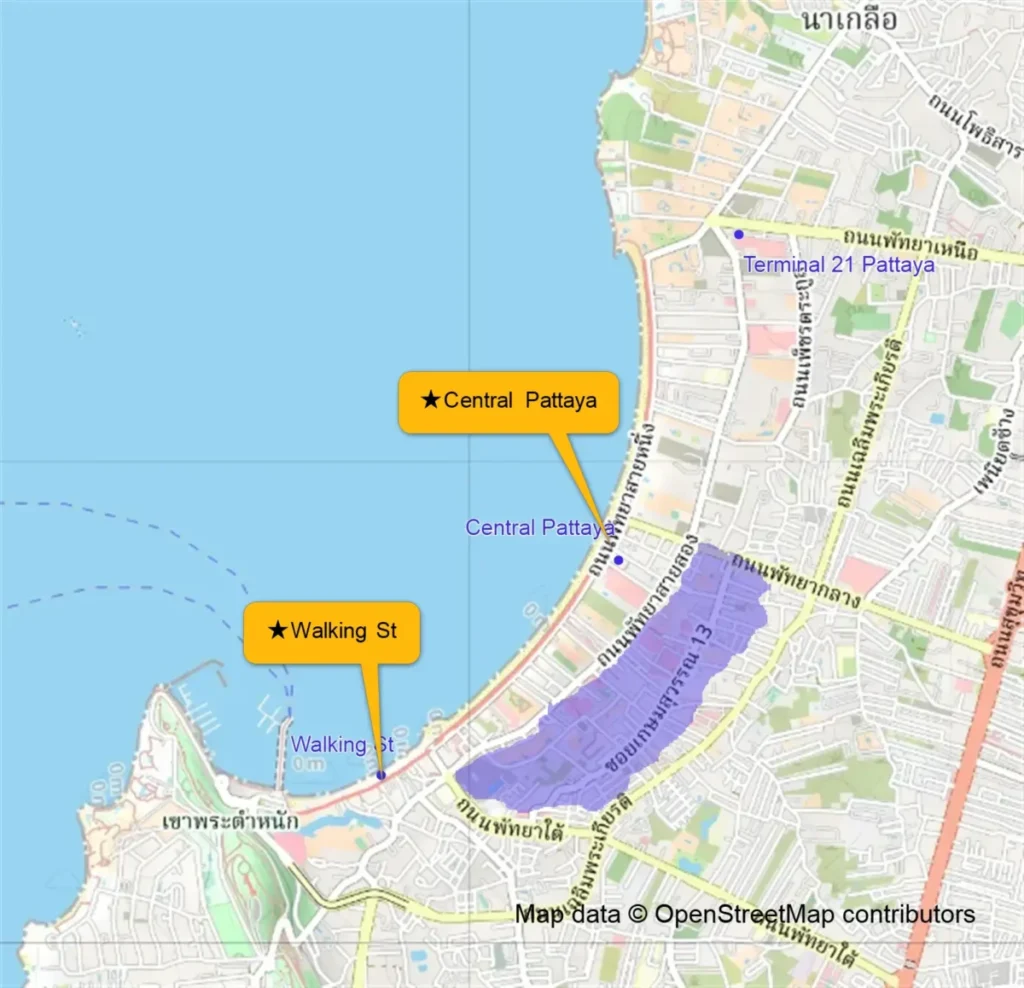 Soi Buakhao area map Pattaya highlighting nightlife zones near LK Metro and Tree Town
