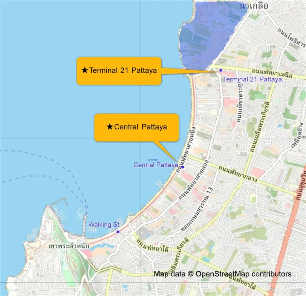 North Pattaya map showing Terminal 21 and quieter beach area away from nightlife zones