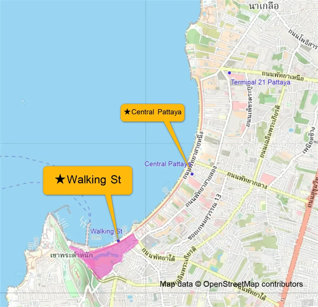 Map of South Pattaya (Pink Area) with large label highlighting Walking Street and Central landmarks.