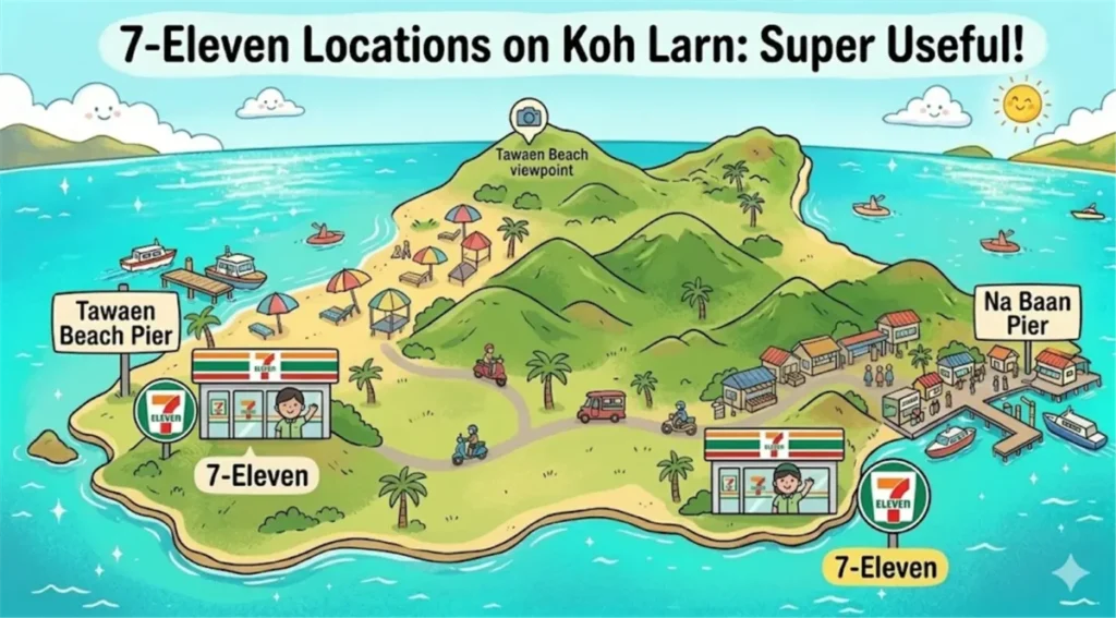 おすすめ: Cartoon-style map of Koh Larn showing 7-Eleven locations near Na Baan Pier and Tawaen Beach Pier.