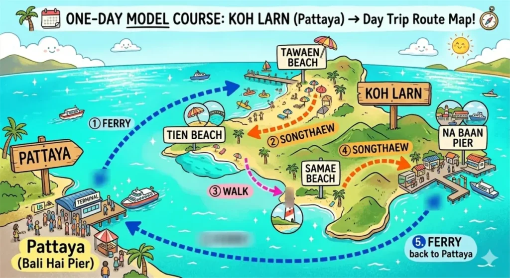 Illustrated route map of a one-day model course for Koh Larn, showing the path from Pattaya to Tawaen Beach, Tien Beach, Samae Beach, and Na Baan Pier.