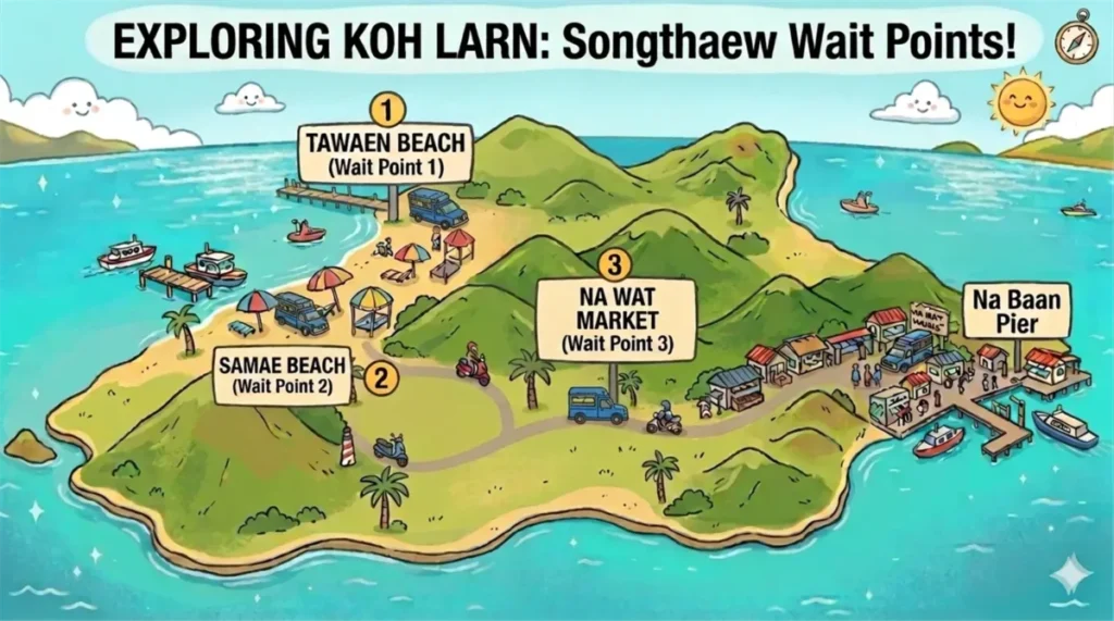 map of Koh Larn showing three major Songthaew wait points: Wait Point 1 at Tawaen Beach, Wait Point 2 at Samae Beach, and Wait Point 3 at Na Wat Market near Na Baan Pier.