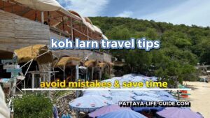 eye-catching cover for koh larn travel guide, showing rows of blue beach umbrellas and island buildings.