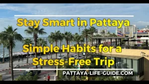 Pattaya Beach Road with palm trees and blue sky, representing a safe and pleasant travel environment.