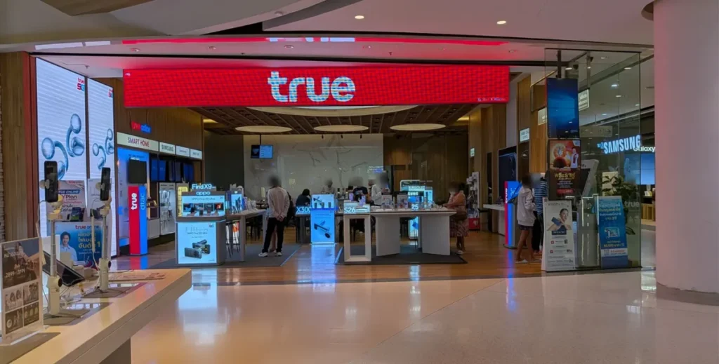 The official True Move flagship store with a bright red sign on the 3rd floor of Central Pattaya mall.