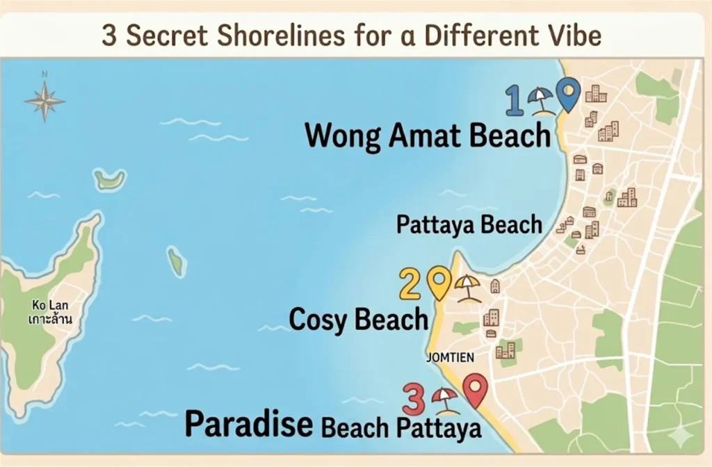illustrated map of 3 secret beaches in Pattaya: Wong Amat Beach, Cosy Beach, and Paradise Beach Pattaya. The map also shows the location of Pattaya Beach and Ko Lan island.