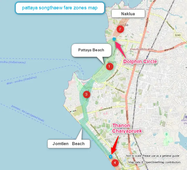 Pattaya songthaew fare map showing zones for Naklua, Beach Road, and Jomtien.