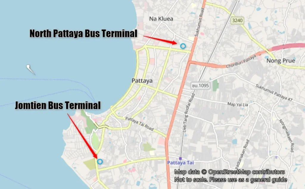 Map showing the locations of North Pattaya Bus Terminal and Jomtien Bus Terminal for airport transfers.