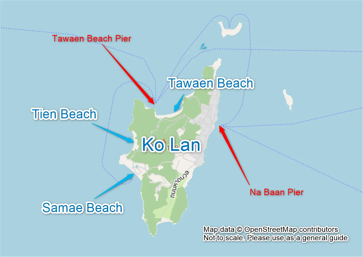 Overview map of Koh Larn showing the locations of Na Baan Pier, Tawaen Beach Pier, and major beaches including Tawaen, Tien, and Samae.