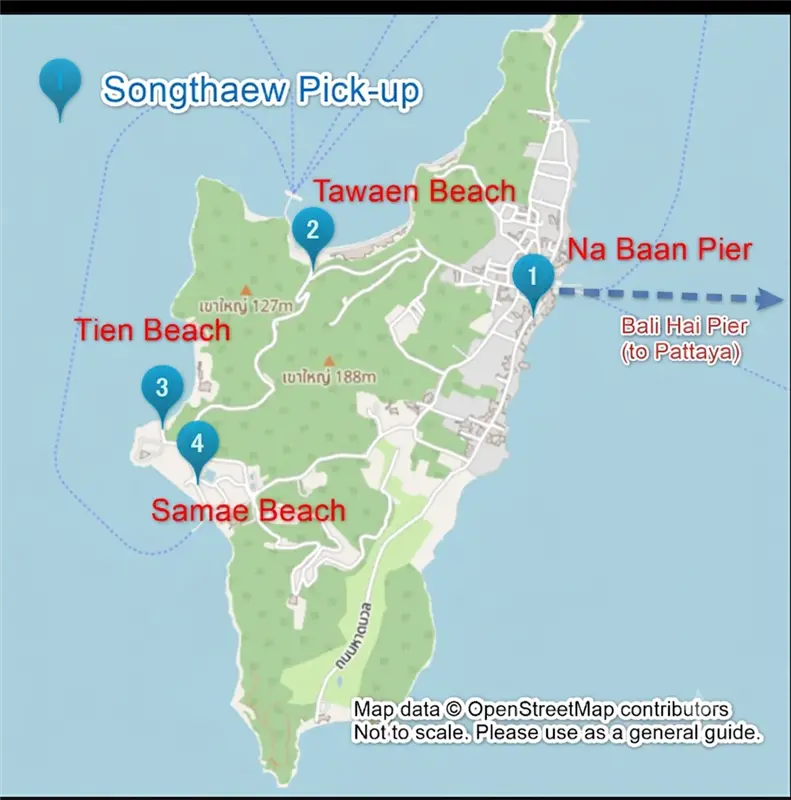 Comprehensive map of Koh Larn showing 4 main songthaew pick-up points.