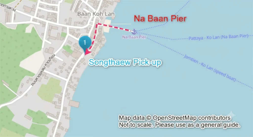 Walking route map from Na Baan Pier to the nearby songthaew pick-up point on Koh Larn