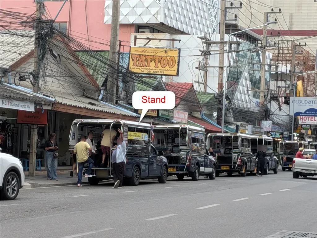 Songthaews waiting at Beach Road Route Stand 2 near South Pattaya Road in Pattaya (June 2026)