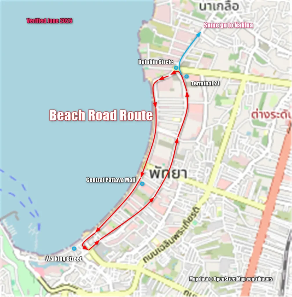 Map of the Pattaya Beach Road songthaew route showing Walking Street, Central Pattaya Mall, Dolphin Circle, and Terminal 21