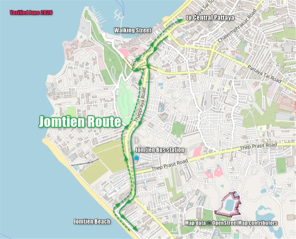 Route map of the Pattaya Jomtien songthaew, showing the route starting from the South Pattaya Road (Pattaya Tai) intersection to Jomtien Beach.