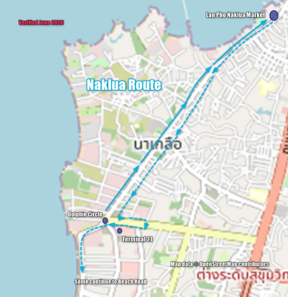 Map of the Pattaya Naklua songthaew route showing Dolphin Circle, Terminal 21, and Lan Pho Naklua Market