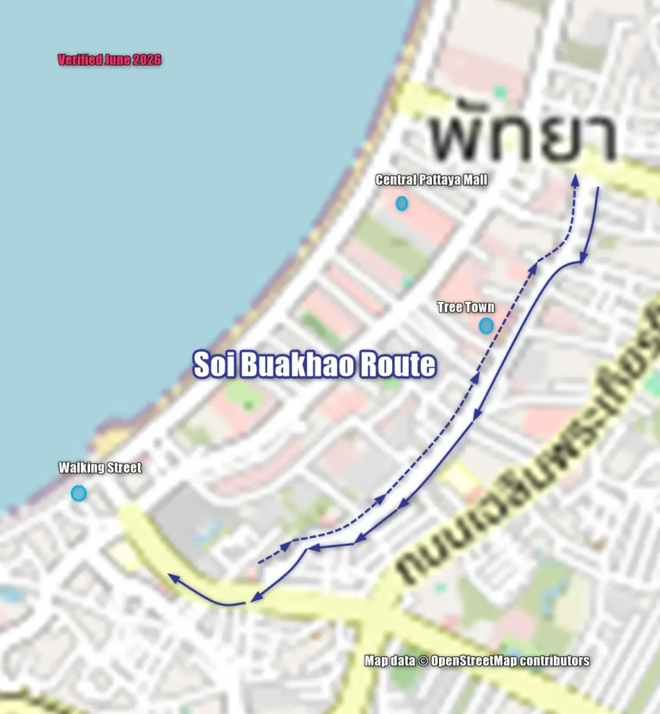 Map of the Pattaya Soi Buakhao songthaew route showing Tree Town.