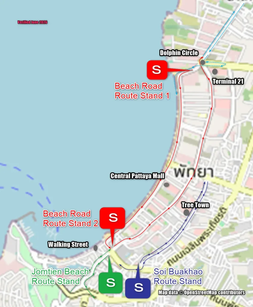 Map showing the main Pattaya songthaew waiting points, including Beach Road, Jomtien Beach, and Soi Buakhao route stands