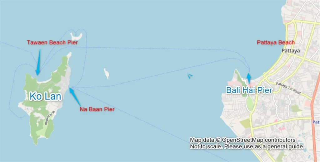 Map showing the location of Bali Hai Pier in Pattaya and Na Baan Pier and Tawaen Beach Pier on Koh Larn island.