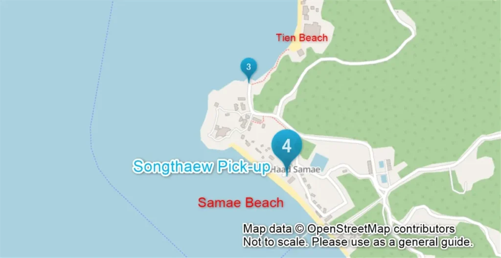 Map showing the songthaew waiting and pick-up area behind Samae Beach.