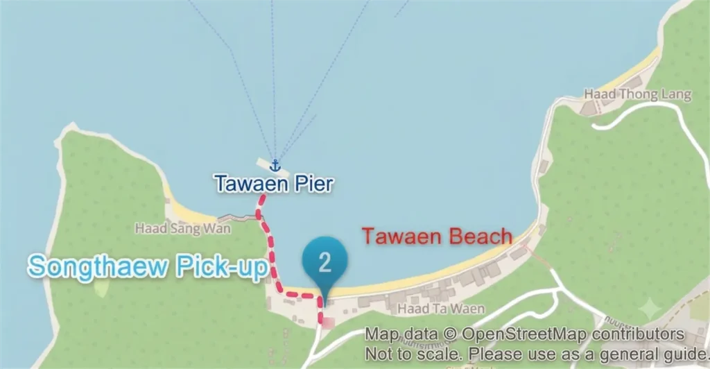 Walking route map from Tawaen Beach Pier to the songthaew station.