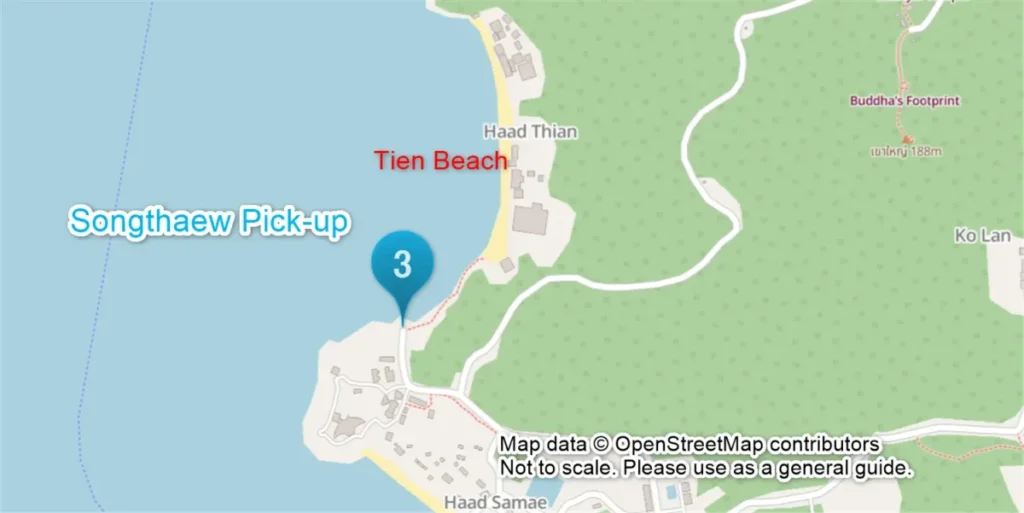 Map showing the songthaew pick-up point near Tien Beach on Koh Larn.