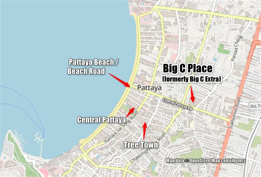 Location map of Big C Place Pattaya Klang showing Pattaya Beach, Central Pattaya and Tree Town