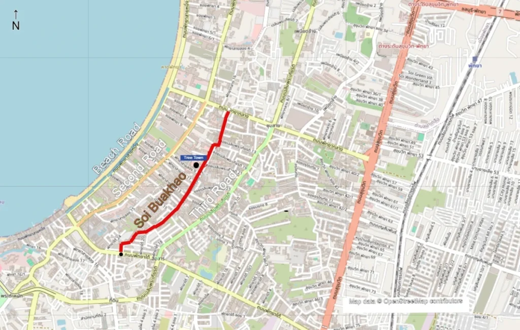 Map showing Soi Buakhao and its location between Beach Road, Second Road, and Third Road in Pattaya.