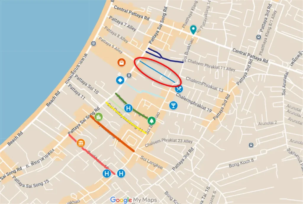 Map showing the Blue Line – New Second Road Connector route in central Pattaya.