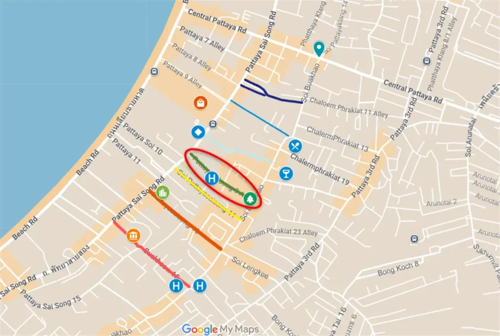 Map showing the Green Line – Tree Town Connection through the Tree Town area.